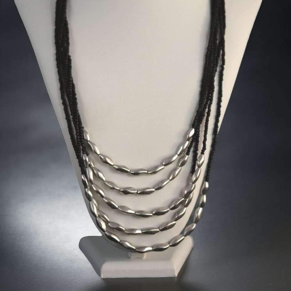 Long Adjustable No Clasp Multi-Strand Metal Nugget Beaded Necklace